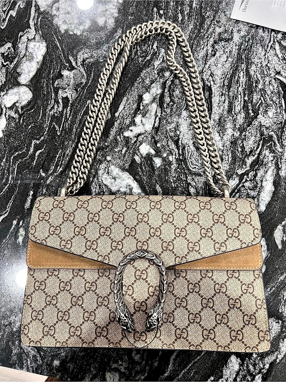 Gucci Dionysus GG Supreme Medium Shoulder Bag in Brown & Beige